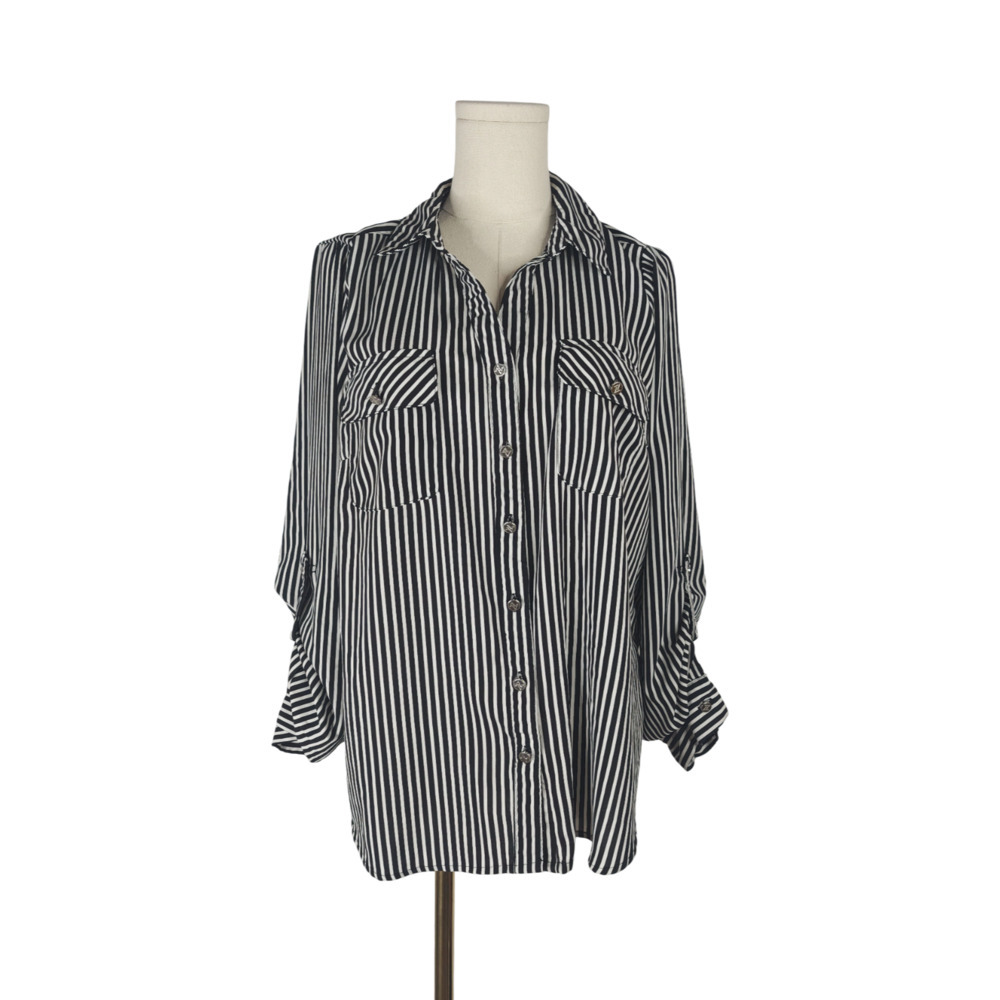 Adrienne Vittadini Women's Black and White Striped Button-Up Blouse Sz. L